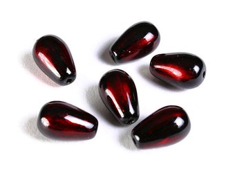 Red and black teardrop spray painted glass beads - 13mm x 8mm (1491)