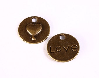 15mm Love and heart charm - Love pendant - antique brass charm - Antique brass pendant - Cadmium free (1290)