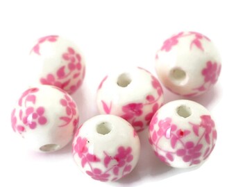 12mm Pink white flower beads - 12mm ceramic round bead (2452)