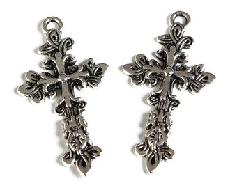 Antique silver cross charm - Flower Carved antique silver cross pendant - 47mm x 25mm (1751)
