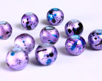 8mm Drawbench blue black purple beads - 8mm round glass bead - 8mm spray painted beads (836)