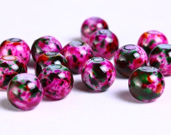 8mm hot pink green black beads - 8mm round bead - 8mm glass bead - 8mm opaque bead (913)