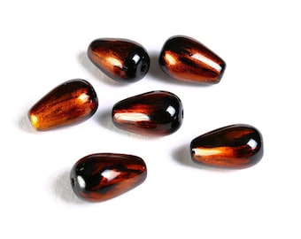 Gold - copper and black teardrop spray painted glass beads - 13mm x 8mm (1492)