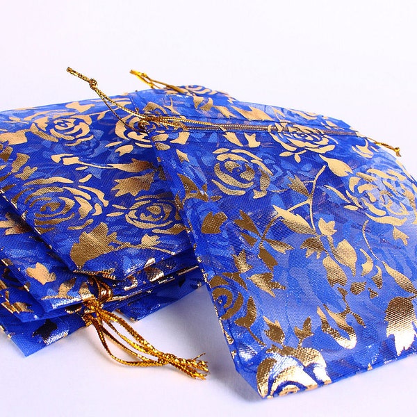 90mm x 70mm Royal blue and gold organza gift bag - 9cm x 7cm blue and gold flower bag - Organza bag (173)