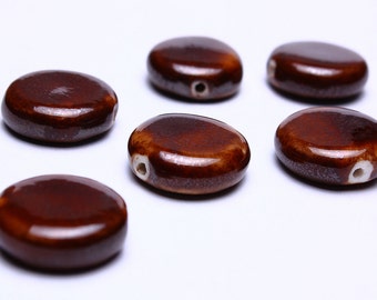 16mm brown handmade beads - Brown bright glazed porcelain beads - 16mm disk flat round beads (566)