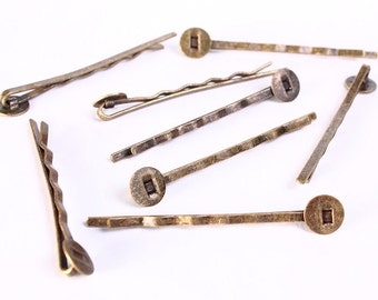 Antique brass bobby pin with glue pad 8mm - Hair Accessory Supplies - Antique brass Hair pin - Blank Hair Pins (704)
