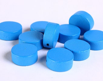 13mm Blue wood beads - 13mm large lens beads - 13mm disk bead (273)