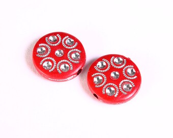 18mm Red and silver flat round beads (1363)
