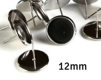 12mm Stainless Steel Earstuds - Blank 12mm Cabochon Setting - Bezel Stud Earrings - 10 pieces (5 pairs) (1968)