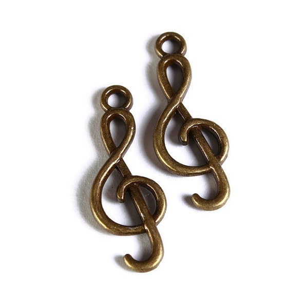 Antique brass musical note charm - treble clef pendant - bronze 3D pendants - 26mm x 9mm - Cadmium free (1681)
