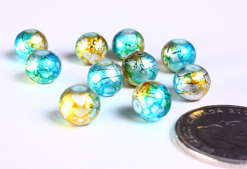 8mm Drawbench green yellow blue silver beads 8mm round glass beads 8mm spray painted beads 835 image 2