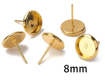 8mm earstud gold tone finding - Round Cabochon Earring Setting Component - nickel free - 10 pieces (5 pairs) (2194)