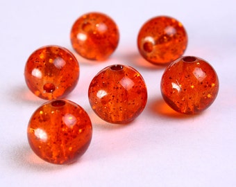 14mm Orange beads - Large acrylic beads - 14mm resin beads - Orange translucent beads with gold powder (771)