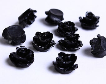 10mm Black flower cabochons - 10mm black rose cabochons - 10mm black rosebud cabochons - 3D cabochons (082)