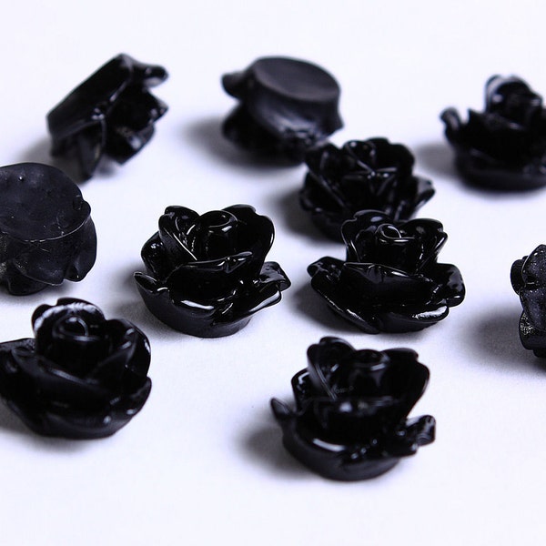 10mm Black flower cabochons - 10mm black rose cabochons - 10mm black rosebud cabochons - 3D cabochons (082)