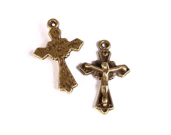 Cross charm pendant - christian cross - Jesus - antique brass - Jesus Crucifix medal Catholic Christian - 23mm x 15mm - Cadmium free (1478)