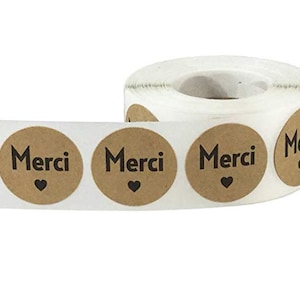 Merci sticker - French Thank you message - Merci heart label - Merci en français étiquette -  1" round labels - Kraft and black color (2416)