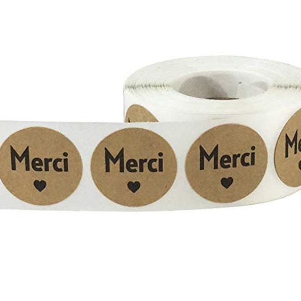 Merci sticker - French Thank you message - Merci heart label - Merci en français étiquette -  1" round labels - Kraft and black color (2416)