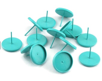 12mm Teal green earstud - Painted turquoise cabochon setting - fits 12mm cabochon - 8 pieces (4 pairs) (1646-1)