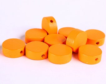 13mm Orange wood beads - Orange flat round beads - Orange large lens beads - Orange disk beads (268)