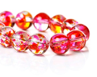 10mm Pink orange red spotted round glass beads - Multicolor spot pattern glass beads - 10mm beads - Glass beads (1503)