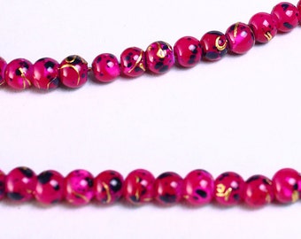 4mm Hot pink black gold beads - 4mm round glass beads - 4mm opaque bead - strand beads (950)