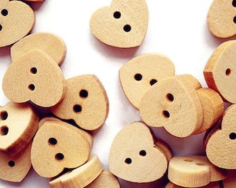 13mm heart button - Natural wood button - Petite button - craft button - Fun buttons - wooden buttons - 2 holes (1599)