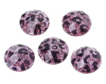 12mm pink Leopard cabochon - Animal print cabochon - Cheetah cabochons - 12mm faceted cameos - Glitter cabochons (1723)