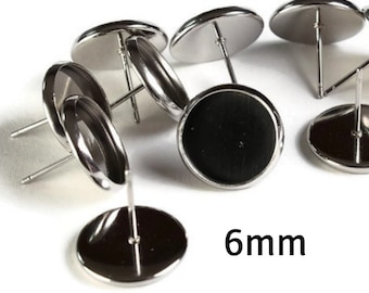 6mm Stainless Steel Earstuds - Blank 6mm Cabochon Setting - Bezel Stud Earrings - 10 pieces (5 pairs) (2184)