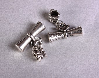 Graduate diploma antique silver charm pendant - European charm - slider fit charm - Large hole charm - 25mm x 22mm - 4 pieces (1569)