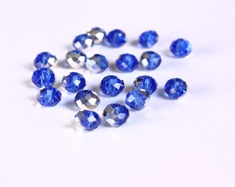 6mm x 4mm blue and mirror silver glass bead - faceted bead (1415)