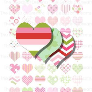 54 Coeur 25mm pois rayures rose vert - 1 pouce images digitales - décoration - Page de collage digital - TÉLÉCHARGEMENT IMMÉDIATEMENT cs0152