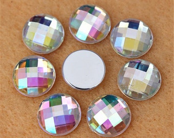 12mm AB White faceted cabochon - Cabochon with silver color foil - Checker Cut Faceted Dome - Textured round cabochon (2169)