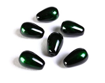 Green and black teardrop spray painted glass beads - 13mm x 8mm (1493)