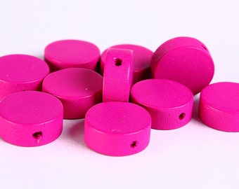 13mm Hot Pink wood beads - Flat round beads - Hot Pink large lens beads - Hot Pink disk beads (269)