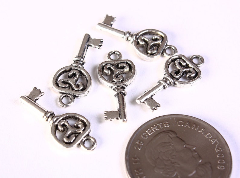 Filigree key charm pendant antique silver 22mm x 10mm Lead free 1334 image 2