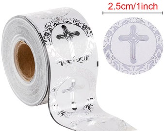 Silver color Foil cross stickers - Silver color religious labels - 1" round labels - Christian Cross Stickers label (2325)