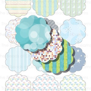 12 mixed color blue scalloped circles 2.5 inches 62mm - scalloped tag - Printable digital collage sheet - rounds - INSTANT DOWNLOAD - cs0222