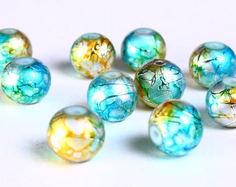 8mm Drawbench green yellow blue silver beads - 8mm round glass beads - 8mm spray painted beads (835)