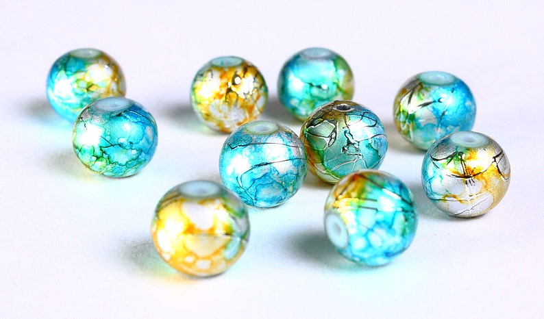 8mm Drawbench green yellow blue silver beads 8mm round glass beads 8mm spray painted beads 835 image 1
