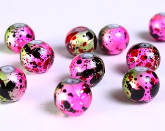 8mm Drawbench pink green yellow black beads - 8mm round glass bead - 8mm spray painted beads (832)