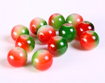 8mm Red and green beads - 8mm red green round glass beads (1164)