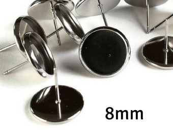 8mm Stainless Steel Earstuds - Blank 8mm Cabochon Setting - Bezel Stud Earrings - 10 pieces (5 pairs) (2121)