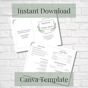 May include: A white baptism invitation template with green leaf accents. The text "Instant Download" and "Canva Template" are displayed. The invitation includes space for the name and date, and song lyrics.