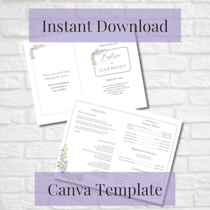May include: A white Canva template for a baptism ceremony, featuring floral accents and the text "Baptism of Harmony." The design includes song lyrics and an order of service, with the words "Instant Download" and "Canva Template" displayed.