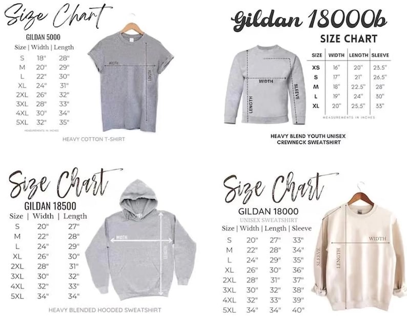 Op de afbeelding: Maattabellen voor Gildan-kleding, waaronder t-shirts, sweatshirts en hoodies. De tabellen tonen de afmetingen voor breedte, lengte en mouwlengte in inches voor de maten XS tot 5XL. De tabellen zijn voor Gildan 5000, 18000b, 18500 en 18000.