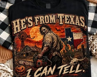 He's From Texas I Can Tell Comfort Colors Shirt, Halloween Slasher Tee, Texas Horror Shirt, Spooky Chainsaw Graphic T-Shirt Style