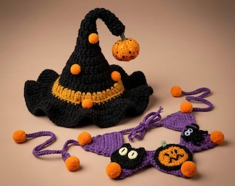 Halloween-Haustierkostüm, gehäkelter Hexenhut und Kürbishalsband-Set, kleiner Hundekostüm, Katzen-Halloween-Outfit, Kaninchenkostüm
