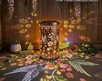 Colorful Hummingbird Solar Lantern | Outdoor Garden Decor | Waterproof Metal Hanging Light | Floral Shadow Projection | Patio &Yard Art Gift