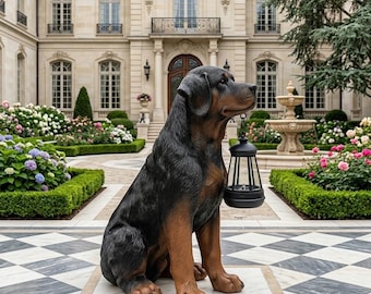 Estatua solar realista de Rottweiler / Figura de perro para jardín / Decoración para porche / Regalo conmemorativo para mascotas / Farol solar para perros